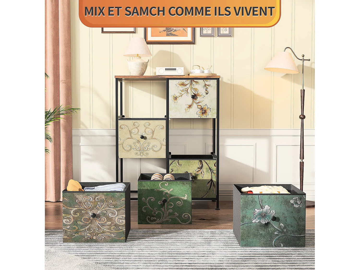 Commode à 6 tiroirs en tissu - avec plateau en bois - Tiroirs en tissu - Structure en métal