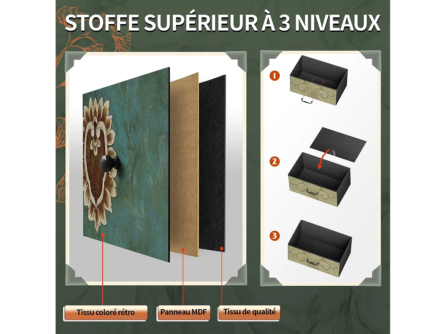 Commode à 6 tiroirs en tissu - avec plateau en bois - Tiroirs en tissu - Structure en métal