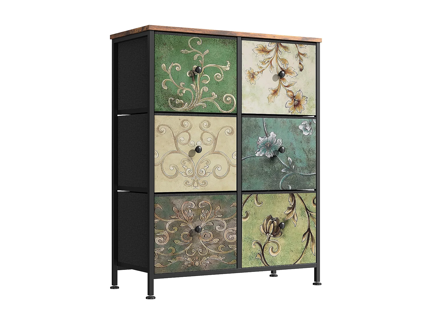 Commode à 6 tiroirs en tissu - avec plateau en bois - Tiroirs en tissu - Structure en métal