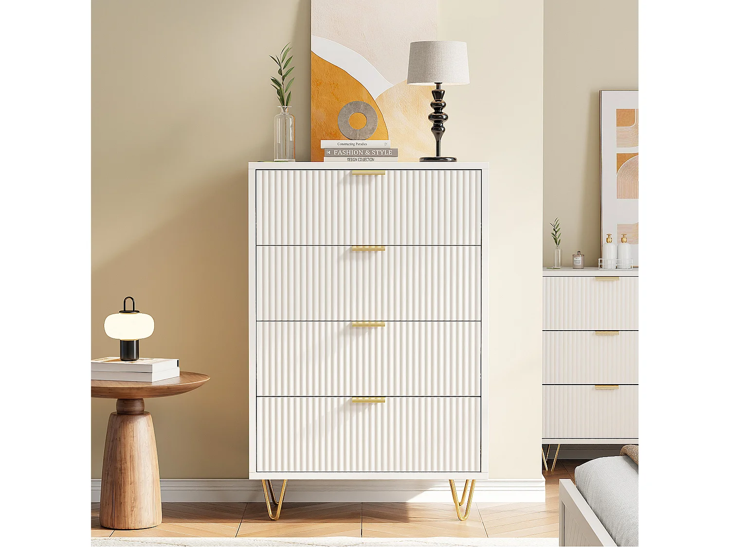 Commode 4 tiroirs, Commode Chambre Blanche,  pour Salon, Chambre, Bureau, 4 Tiroirs, 60 x 34 x 9 cm