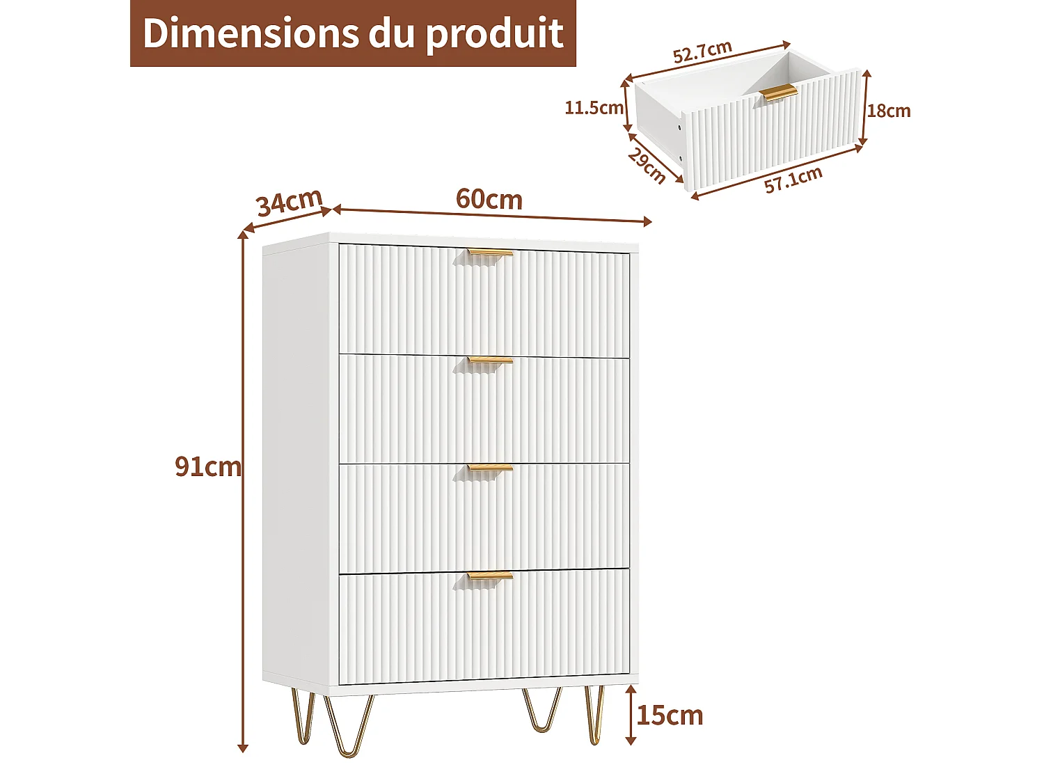 Commode 4 tiroirs, Commode Chambre Blanche,  pour Salon, Chambre, Bureau, 4 Tiroirs, 60 x 34 x 9 cm