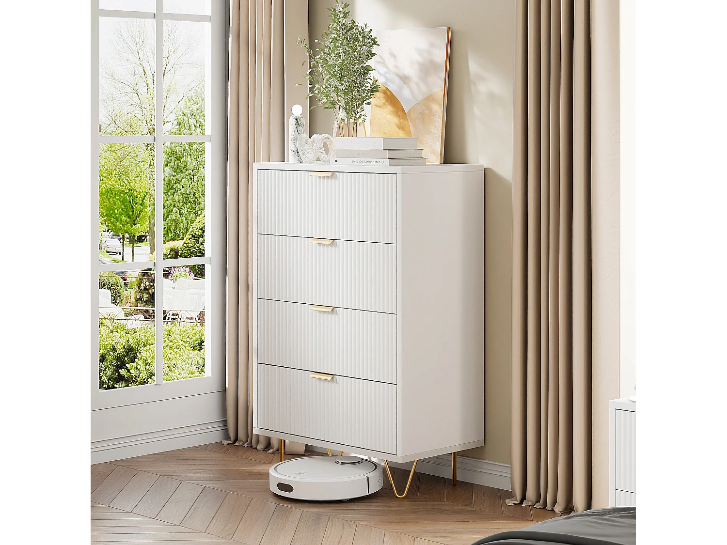 Commode 4 tiroirs, Commode Chambre Blanche,  pour Salon, Chambre, Bureau, 4 Tiroirs, 60 x 34 x 9 cm