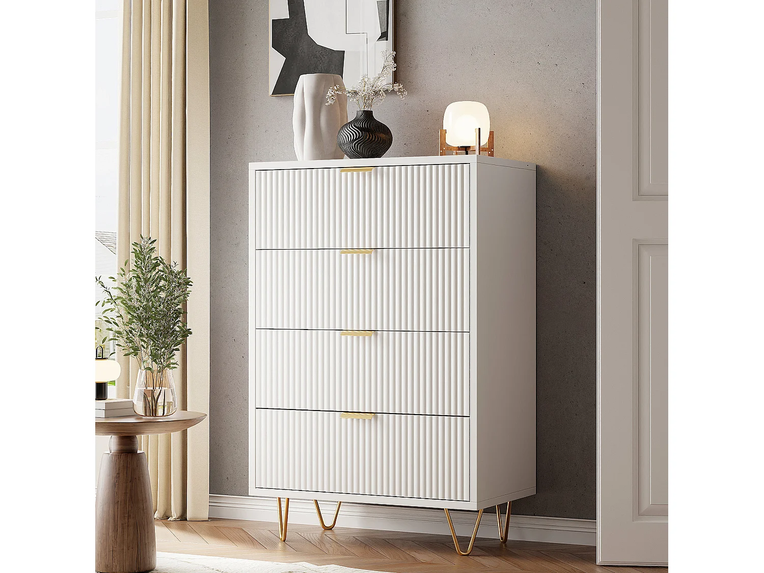 Commode 4 tiroirs, Commode Chambre Blanche,  pour Salon, Chambre, Bureau, 4 Tiroirs, 60 x 34 x 9 cm