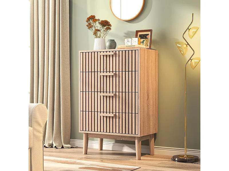 Commode 4 tiroirs, Commode Chambre 60 cm Largeur, Meuble de Rangement en Bois Effet cannelé