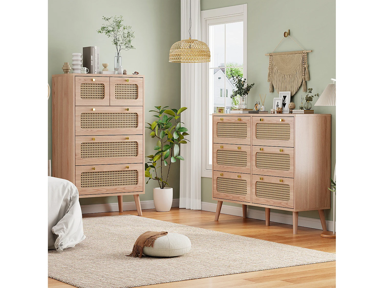 Commode met 5 lades, slaapkamercommode, opbergmeubel van hout en rotan, voor woonkamer, slaapkamer, hout