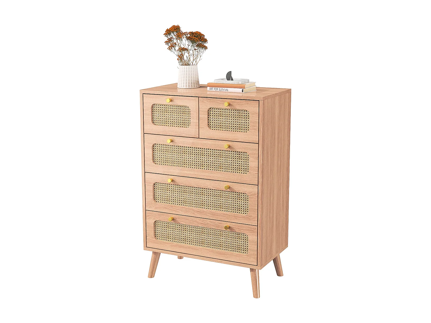 Commode 5 tiroirs, Commode Chambre, Meuble de Rangement en Bois et rotin, pour Salon, Chambre, bois