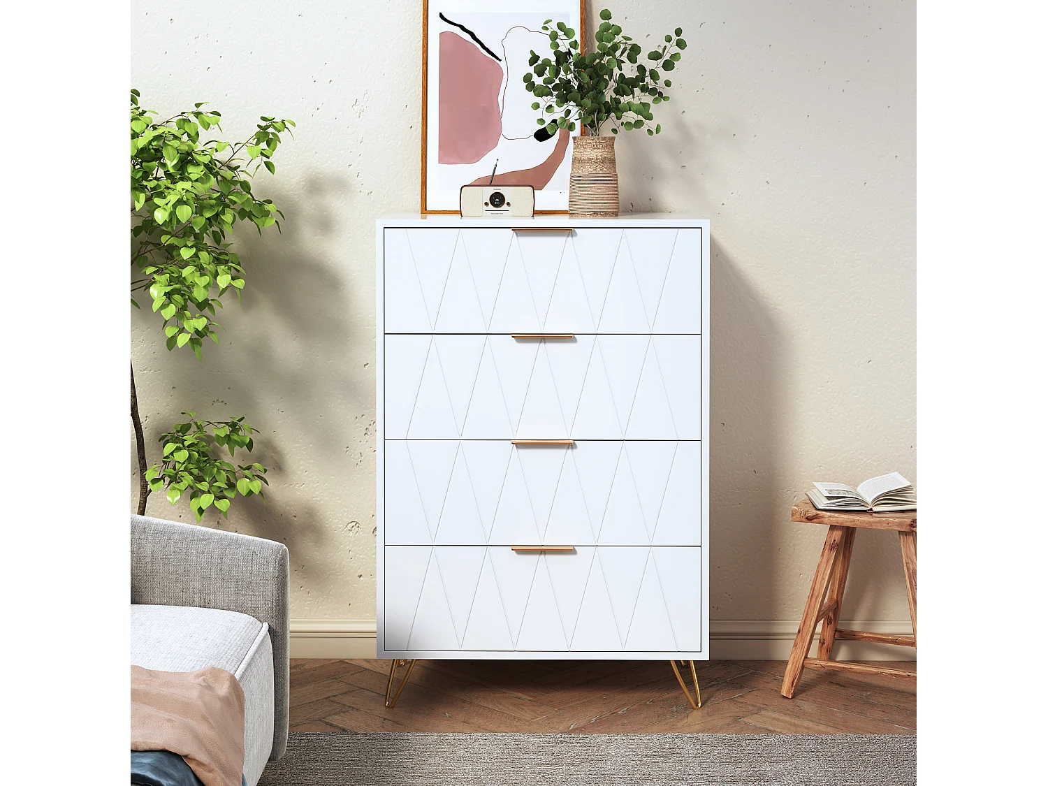 Commode Blanc 4 Tiroirs, Grand Meuble de Rangement, avec Support métallique, pour Salon et Chambre