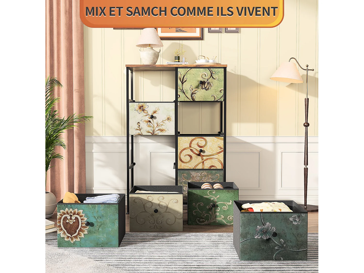Cassettiera con 8 cassetti, con piano in legno e struttura in metallo, con cassetti rivestiti in tessuto