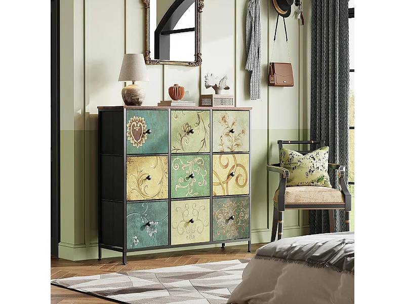 Commode en Tissu avec 9 Tiroirs-3 Couches, Cadre en Acier, Plateau Bois avec Poignées, Style Bohème
