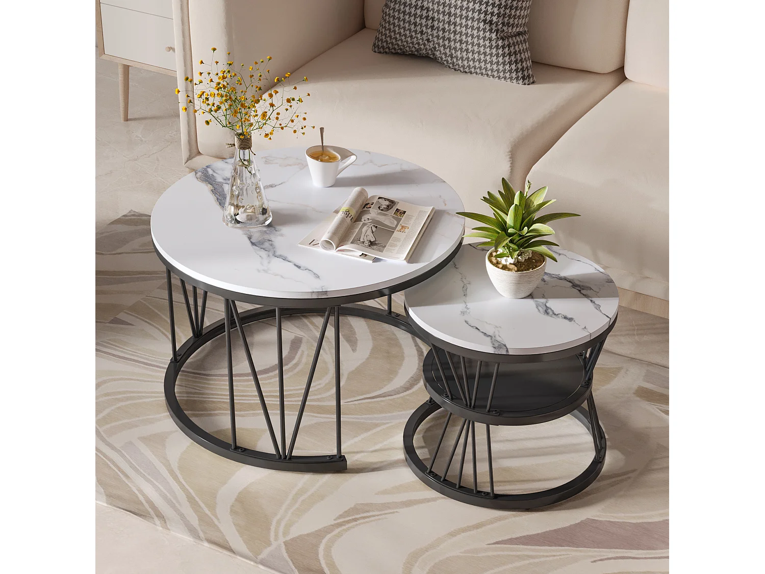 Set van 2 ronde salontafels met marmerlook en metalen frame - Bijzettafels voor de woonkamer, zwart