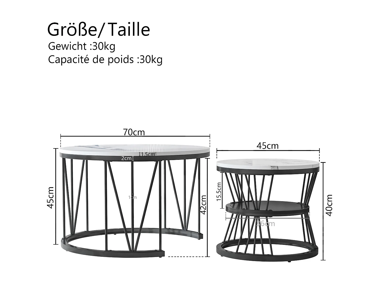 Set van 2 ronde salontafels met marmerlook en metalen frame - Bijzettafels voor de woonkamer, zwart