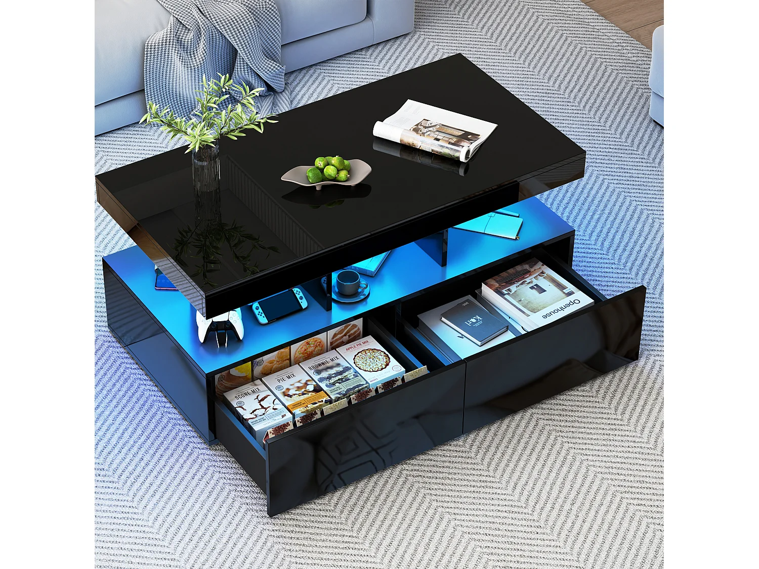 Salontafel met 2 lades, moderne salontafel met ledverlichting, met open opbergruimte, zwart