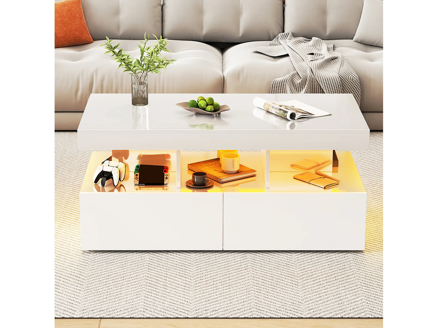 Salontafel met 2 lades, moderne salontafel met ledverlichting en open opbergruimte, wit