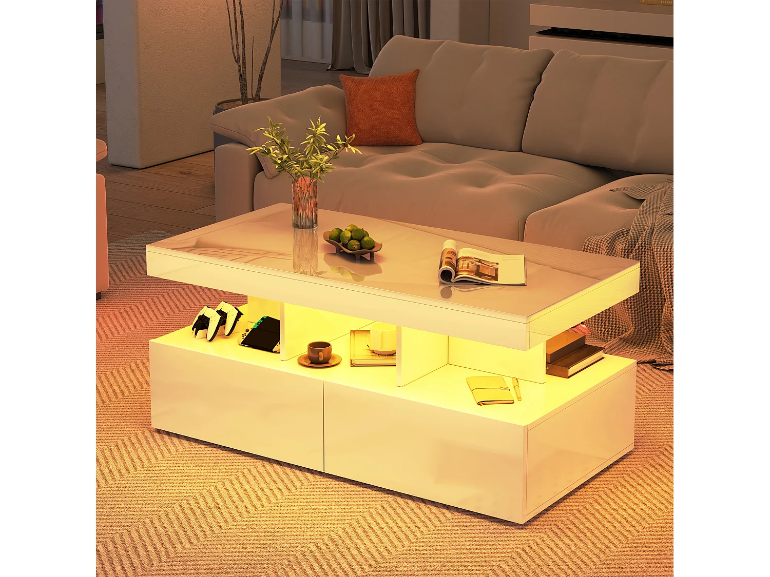 Salontafel met 2 lades, moderne salontafel met ledverlichting en open opbergruimte, wit