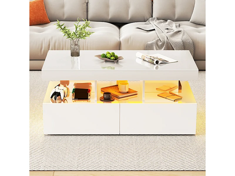 Salontafel met 2 lades, moderne salontafel met ledverlichting en open opbergruimte, wit