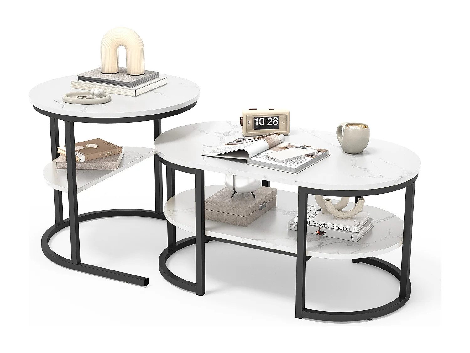 Set di 2 tavolini da caffè, con struttura in metallo e ripiano, tavolo da soggiorno moderno, nero