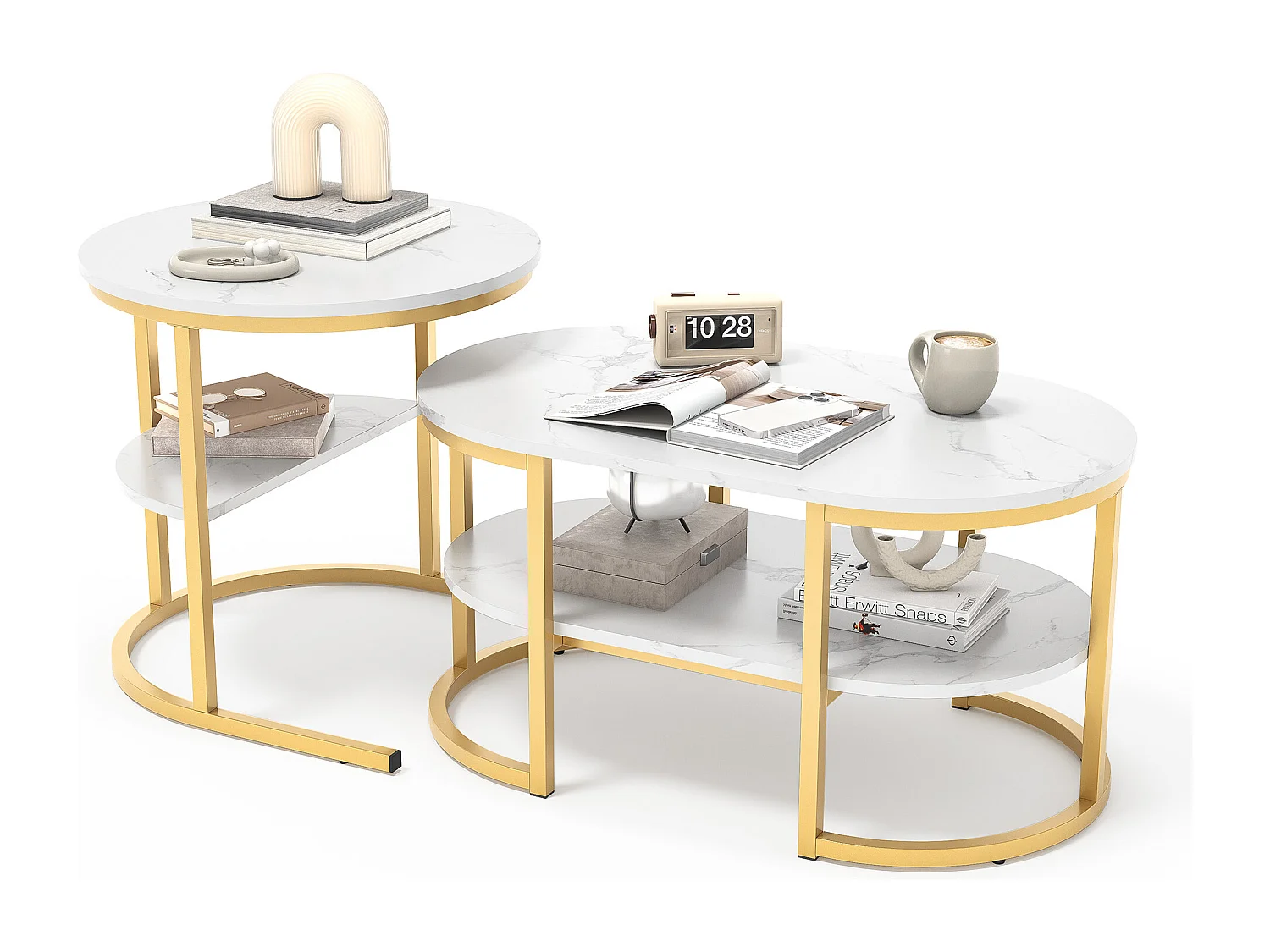Juego de 2 mesas de centro, con estructura de metal y estante, mesa de salón moderna, color dorado