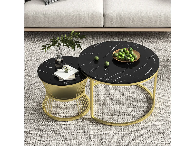 Set di 2 tavolini rotondi impilabili con spazio contenitore, struttura in metallo, 70/45 cm, nero