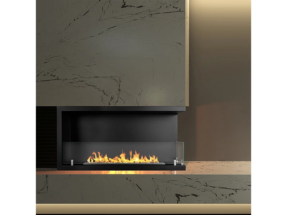 Cheminée d'angle intégrée au bioéthanol, bio-cheminée d'angle 90x45 SUTRI 90 DX