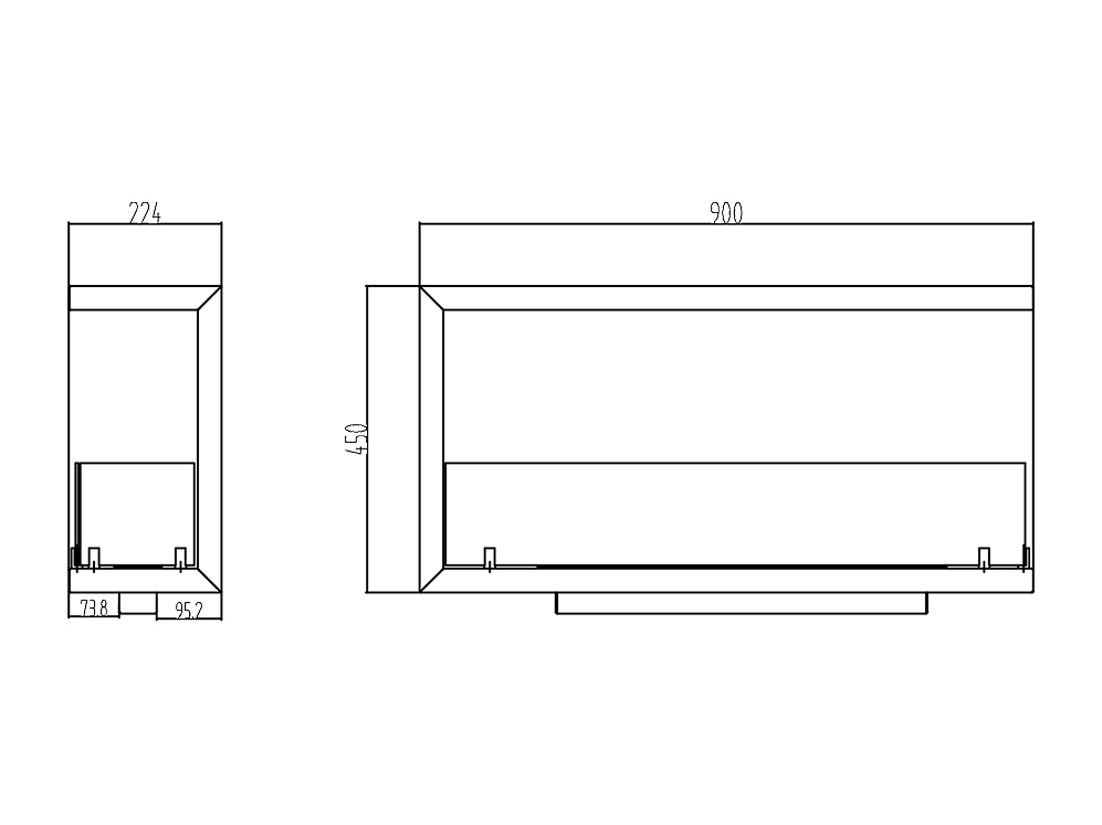 Cheminée d'angle intégrée au bioéthanol, bio-cheminée d'angle 90x45 SUTRI 90 DX