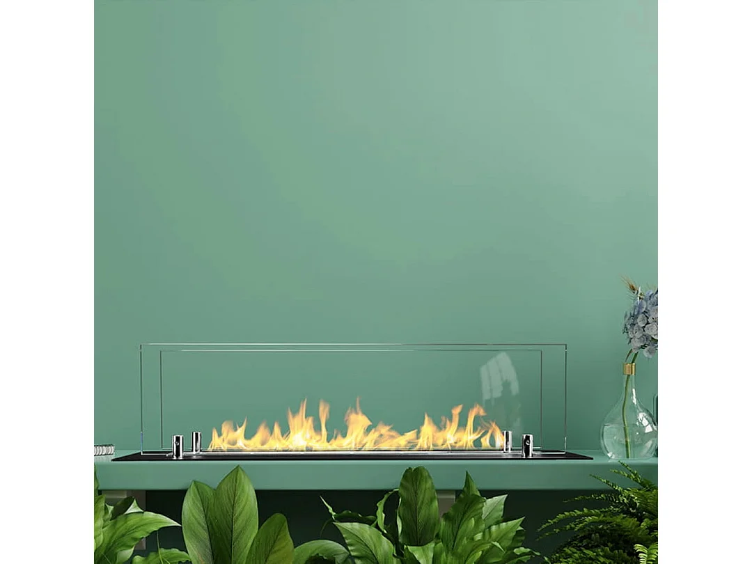 Brûleur de cheminée à bioéthanol en acier avec verre de 65 cm
