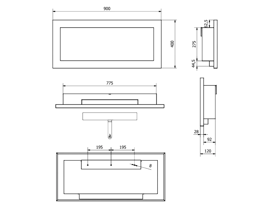 Cheminée à bioéthanol murale ou encastrable LivourneWhite, L 90xP 12xH 40 cm avec vitre