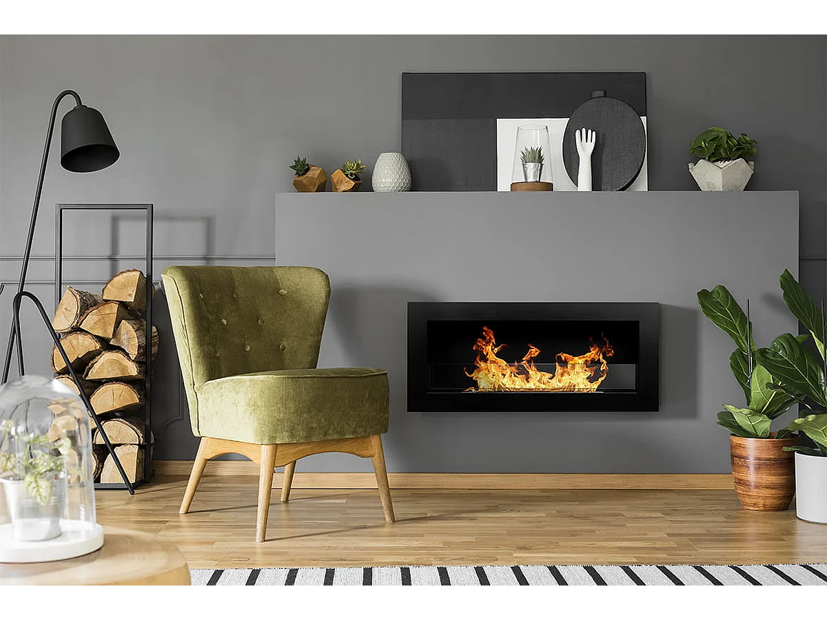 Livorno Black Bioethanol-Kamin zur Wand- oder Einbaumontage, L 90 x T 12 x H 40 cm mit Glas