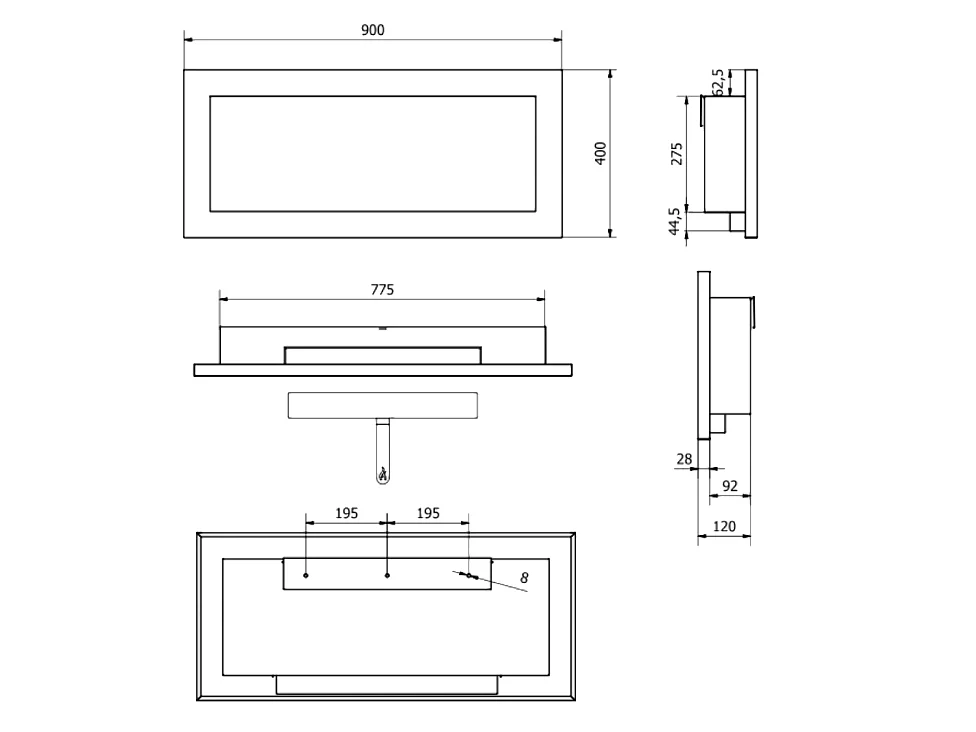 Lareira a bioetanol Lucca Black, para parede ou embutida, C 90 x L 12 x A 40