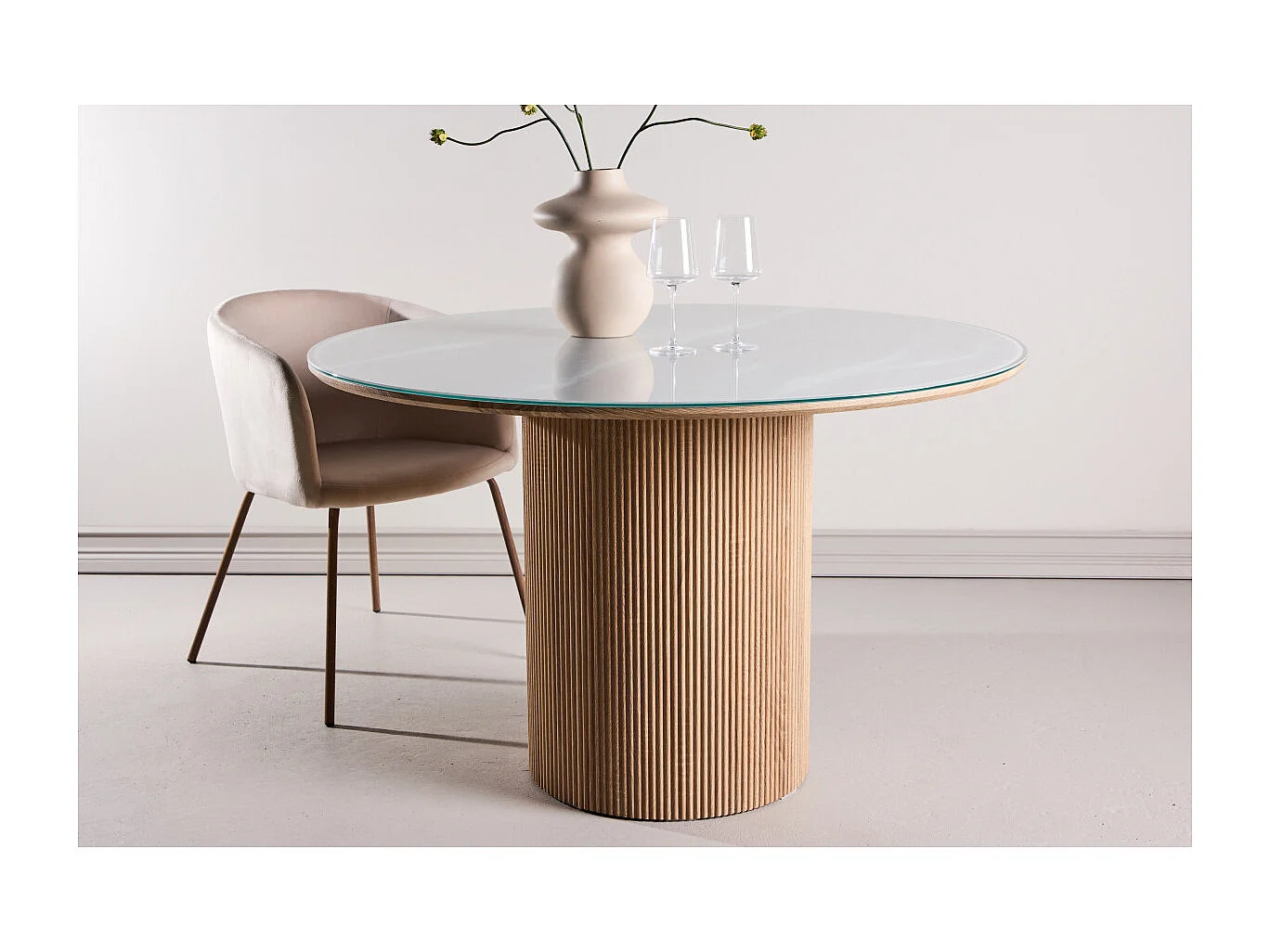 Table à Manger en Verre "Haron" 120cm Blanc & Naturel