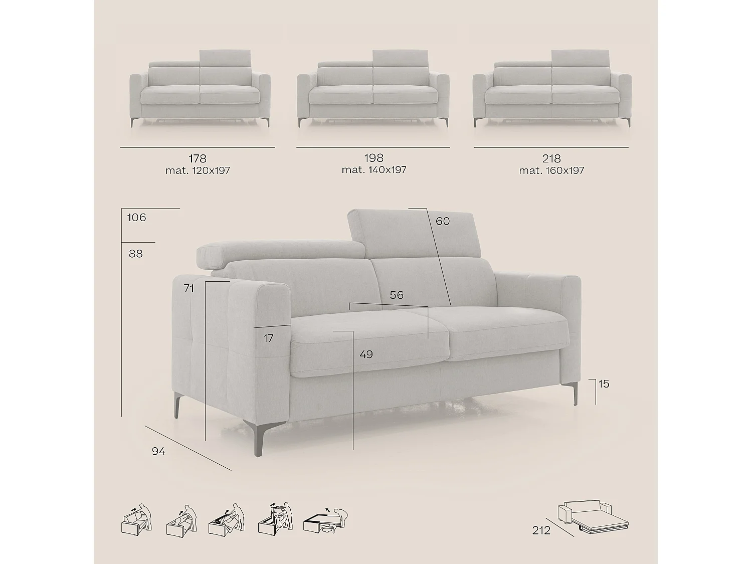 Gardenia Divano letto materasso alto 18 cm con poggiatesta reclinabili e rivestimento impermeabile T02 198 cm (mat. 140x197) beige