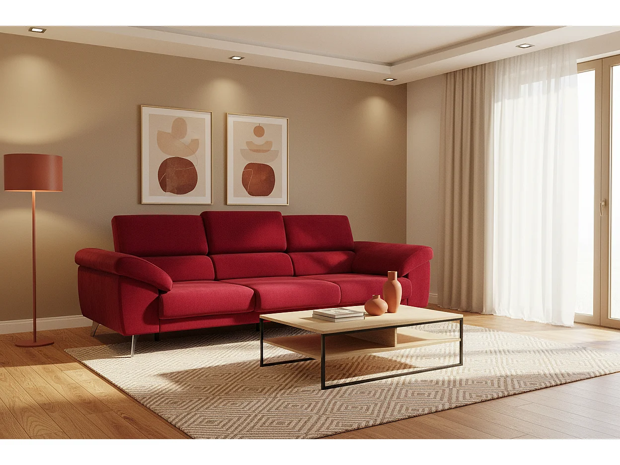 Donatello Sofa mit ausziehbaren Sitzen, Armlehnen mit Staufach aus abwaschbarem Stoff T23 265 cm Burgunder