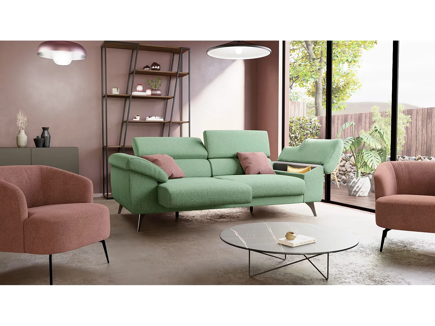 Donatello Sofa mit ausziehbaren Sitzen, Armlehnen mit Staufach aus abwaschbarem Stoff T23 213 cm Gelb