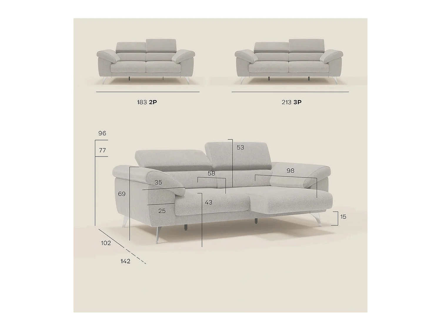 Donatello Divano con sedute allungabili braccioli contenitore e poggiatesta reclinabili in tessuto smacchiabile T23 213 cm beige