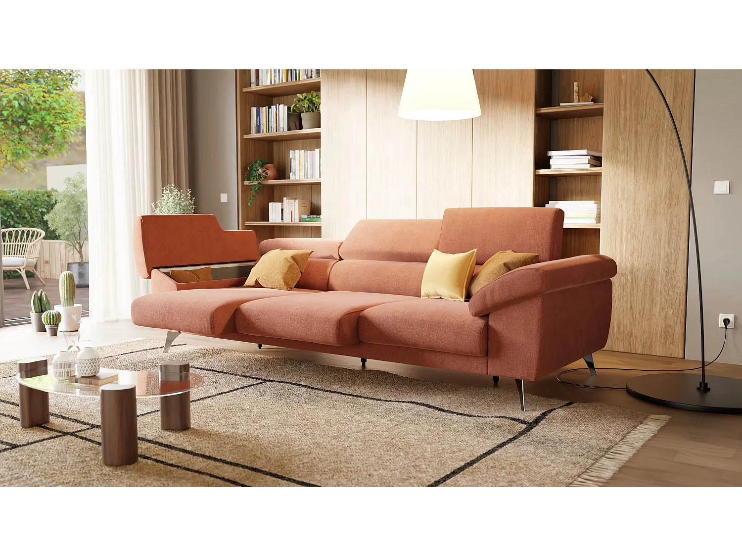 Donatello Sofa mit ausziehbaren Sitzen, Armlehnen mit Staufach aus abwaschbarem Stoff T23 265 cm Grün