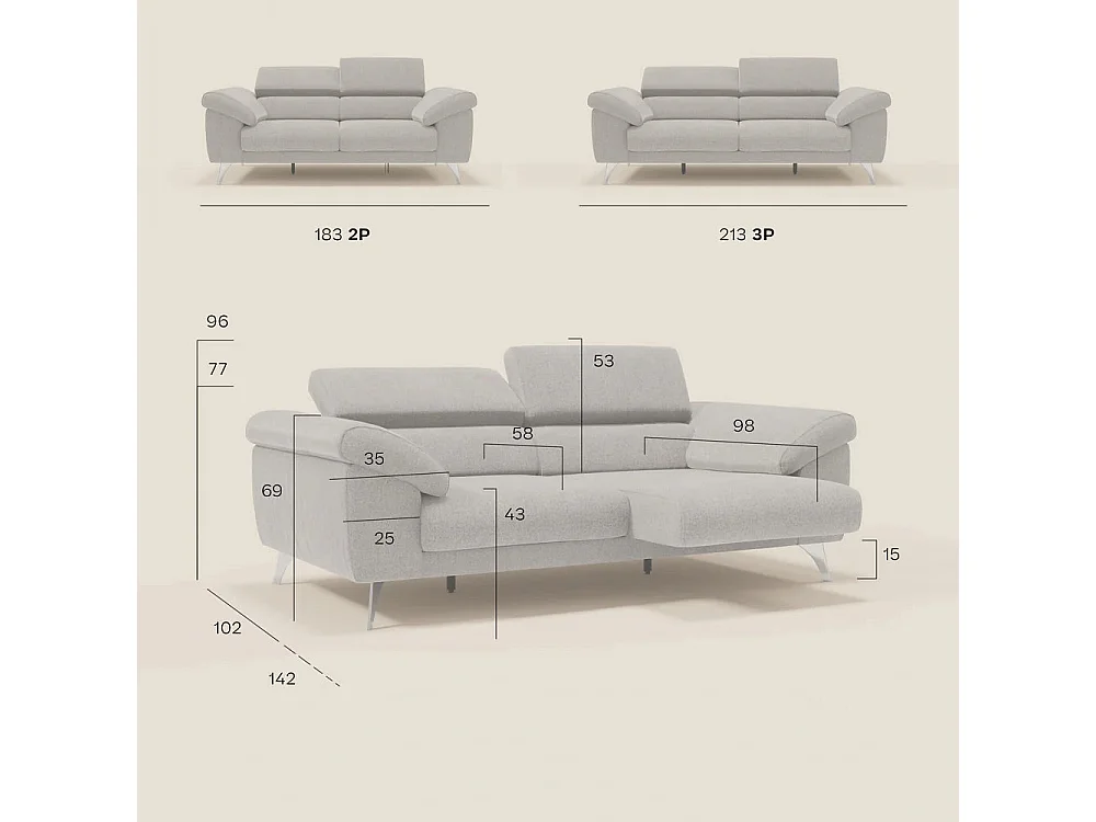 Donatello Sofa mit ausziehbaren Sitzen, Armlehnen mit Staufach aus abwaschbarem Stoff T23 183 cm Graphitblau