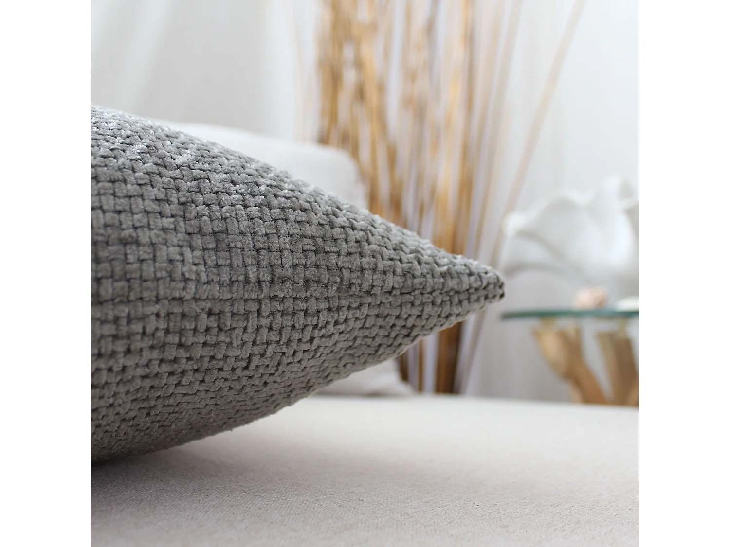 2 Chenille fluwelen kussens, uitneembaar, donkergrijs, 100% polyester, Kamala collectie