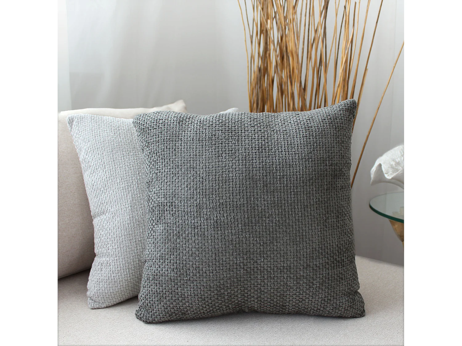 2 Chenille fluwelen kussens, uitneembaar, donkergrijs, 100% polyester, Kamala collectie