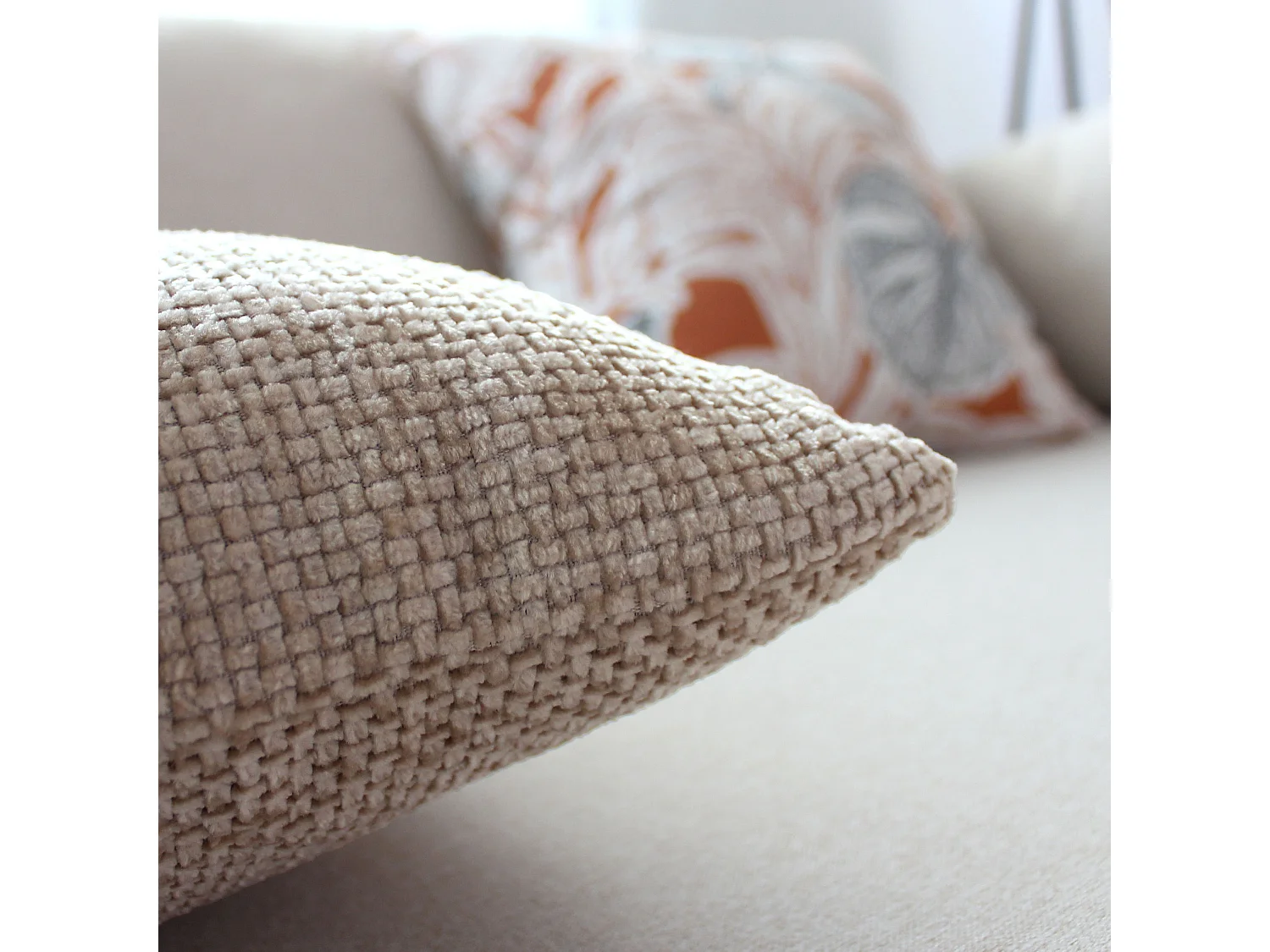 2 Chenille fluwelen kussens, afneembare hoes, natuurlijke beige, 100% polyester, Kamala Collectie