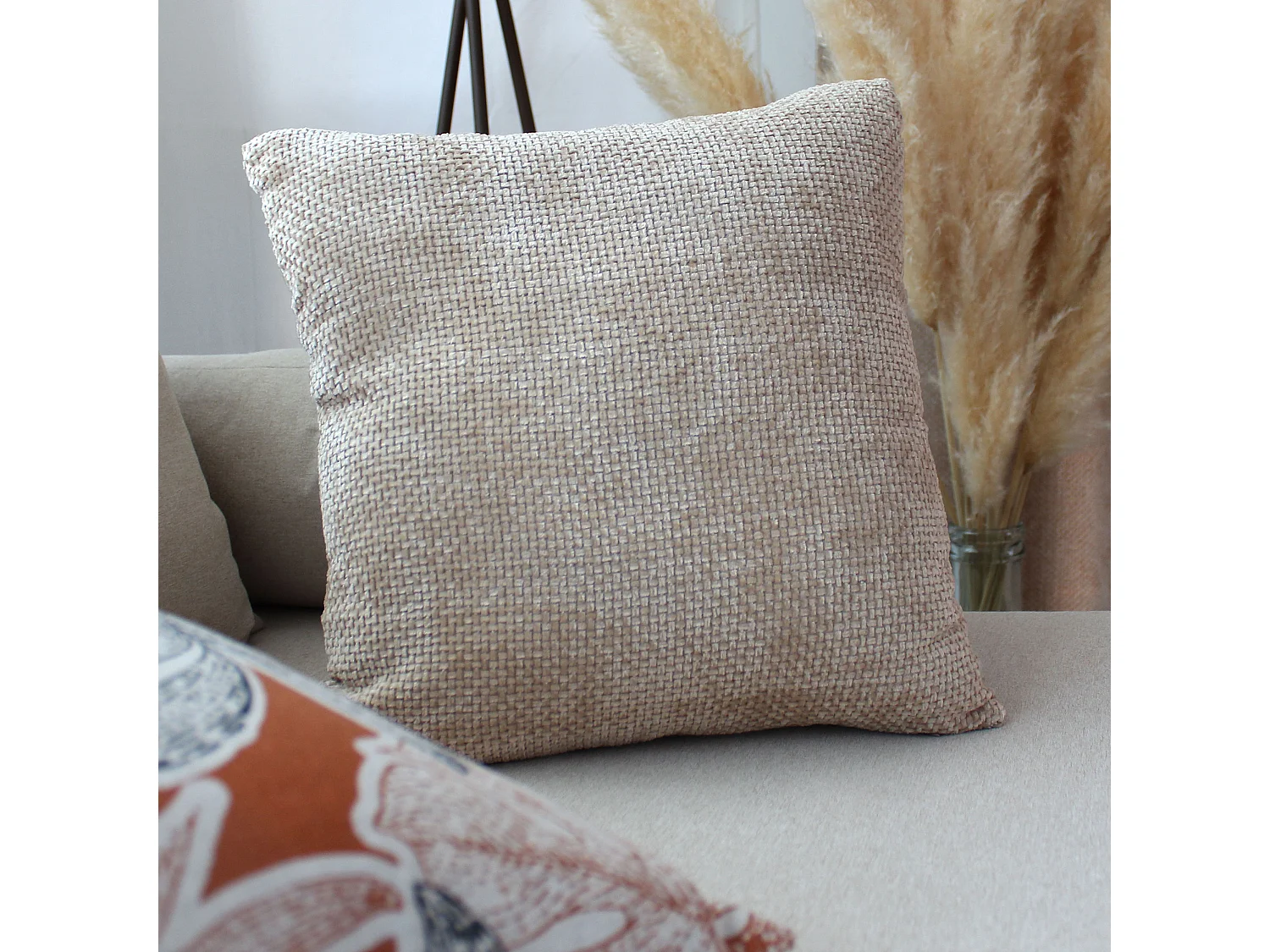 2 Chenille fluwelen kussens, afneembare hoes, natuurlijke beige, 100% polyester, Kamala Collectie