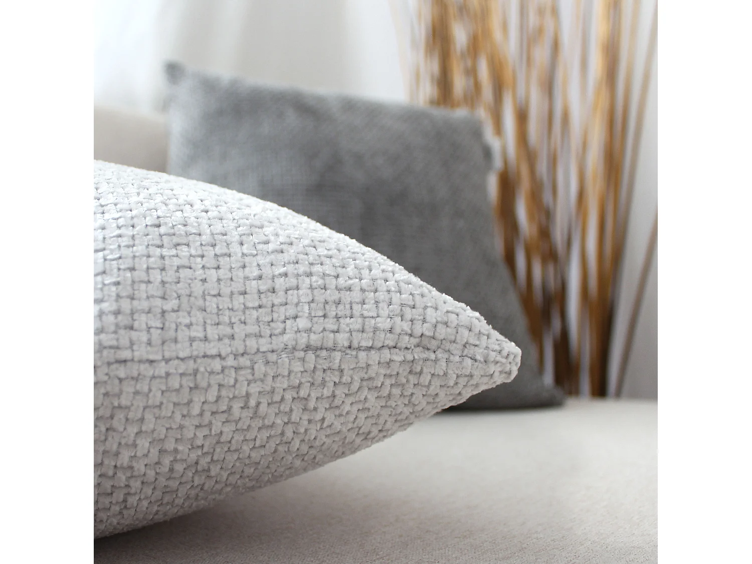 2 Chenille fluwelen kussens, uitneembaar, lichtgrijs, 100% polyester, Kamala Collectie