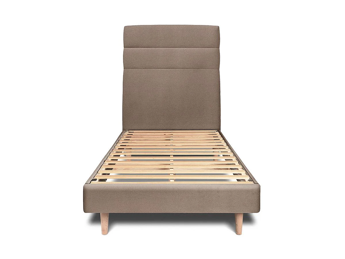 Lit 90x190cm avec tête de lit lignes velours et sommier kit taupe - Hauteur totale : 29cm