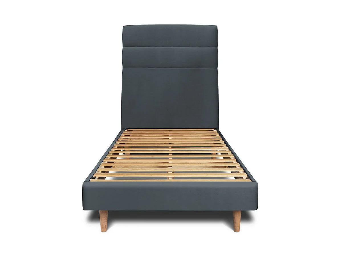 Lit 90x190cm avec tête de lit lignes velours et sommier kit gris anthracite - Hauteur totale : 29cm