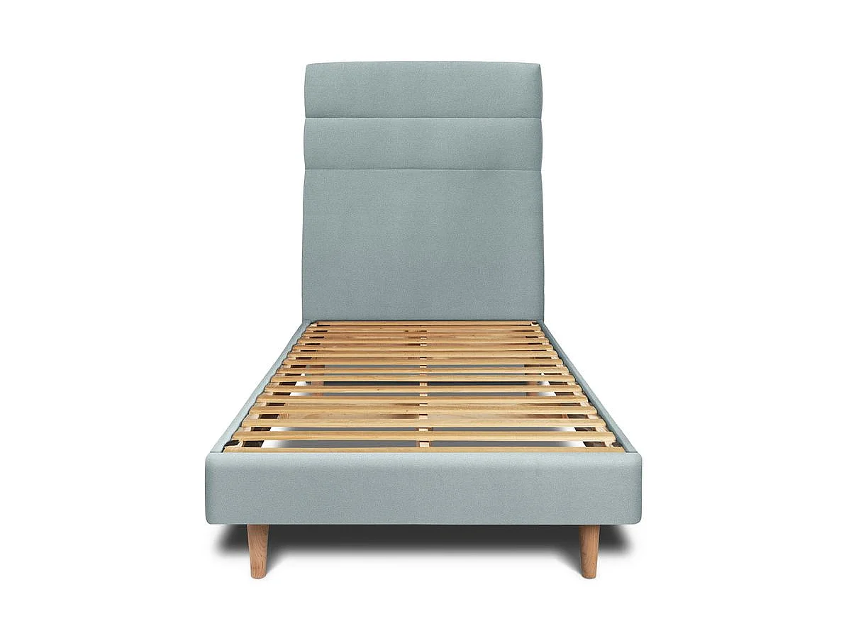 Lit 90x190cm avec tête de lit lignes velours et sommier kit Gris bleuté - Hauteur totale : 29cm