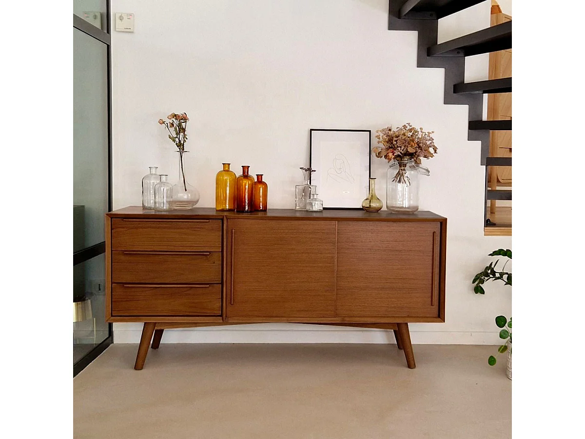 Buffet 2 portes coulissantes et 3 tiroirs en teck - Waya