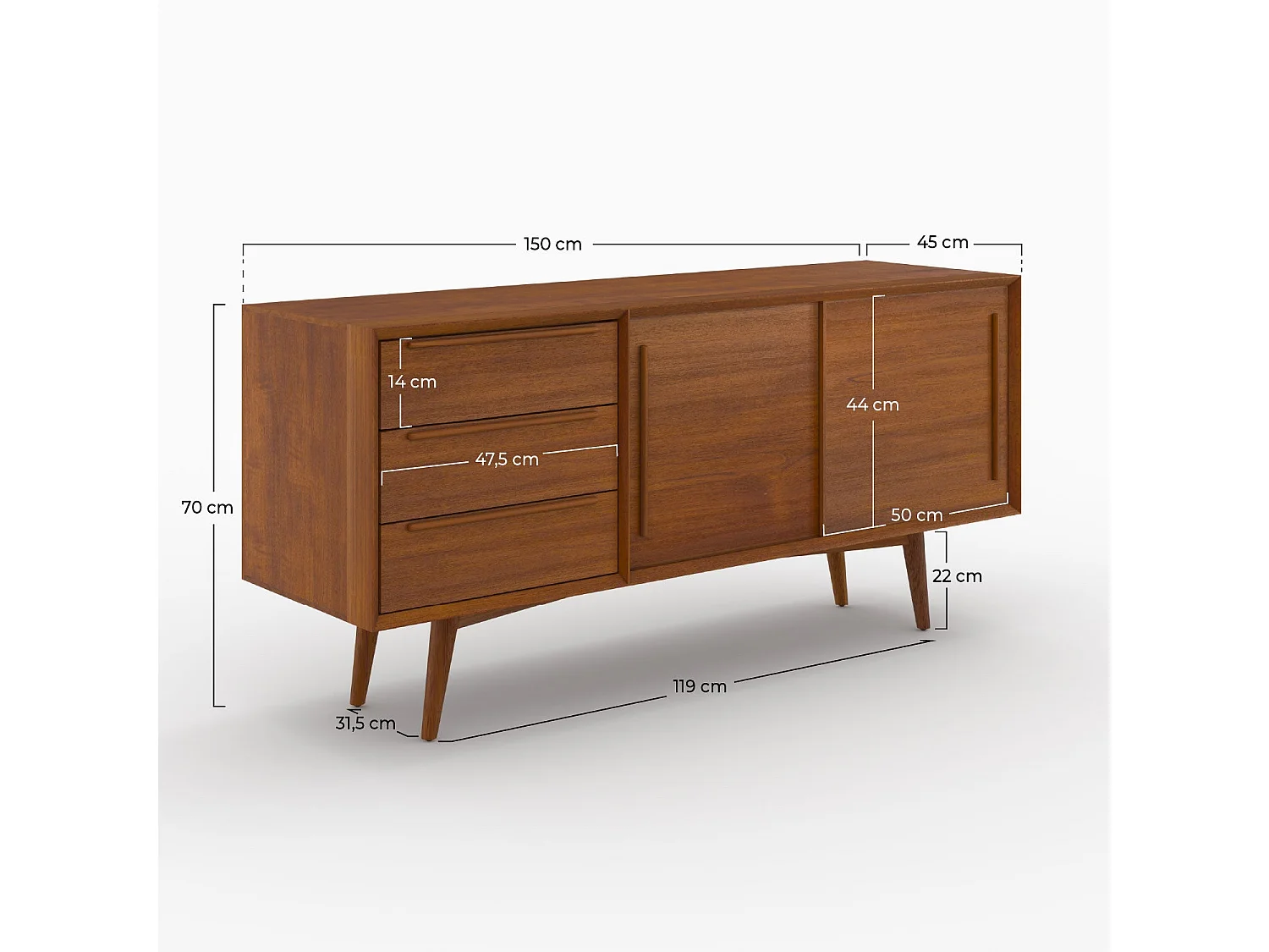 Buffet 2 portes coulissantes et 3 tiroirs en teck - Waya