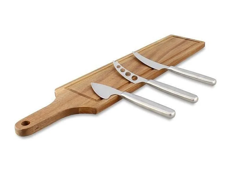 Tabla de cortar rectangular de madera de acacia con 3 cuchillos para queso de acero inoxidable.