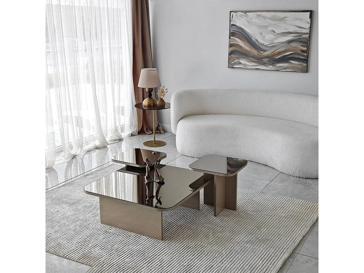 Lot de 3 tables basses gigognes carrées beige et verre fumé - Elda