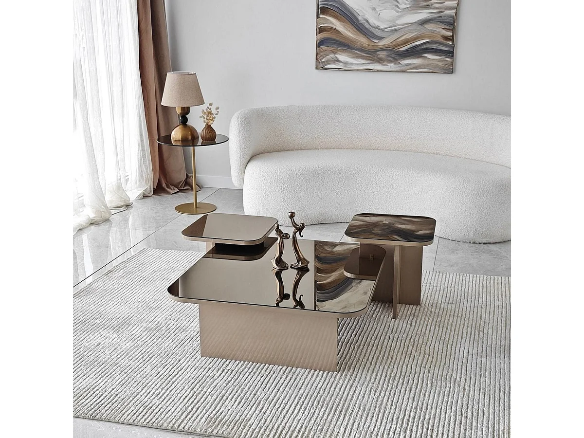 Lot de 3 tables basses gigognes carrées beige et verre fumé - Elda