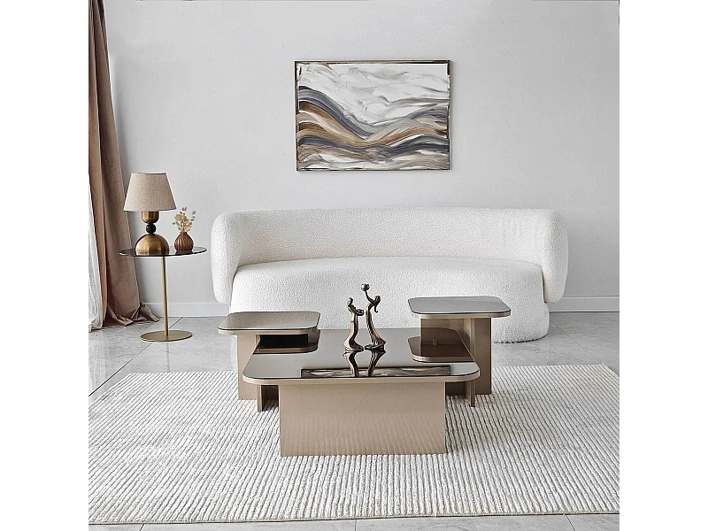 Lot de 3 tables basses gigognes carrées beige et verre fumé - Elda