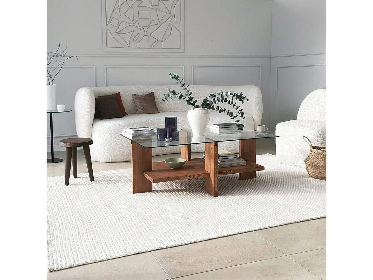 Table basse rectangulaire en Bois massif et verre trempé 105 cm - Orvieto